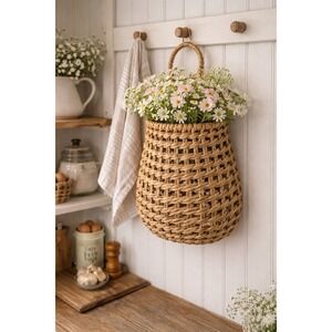 Farmhouse Wall Hanging Basket Planter Cottagecore Woven Rattan Floral Farmhouse